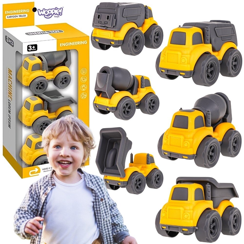WOOPIE 3-in-1 rinkinys statybinės transporto priemonės šiukšliavežis betono maišyklė savivartis WOOPIE 3-in-1 rinkinys statybinės transporto priemonės šiukšliavežis betono maišyklė savivartis