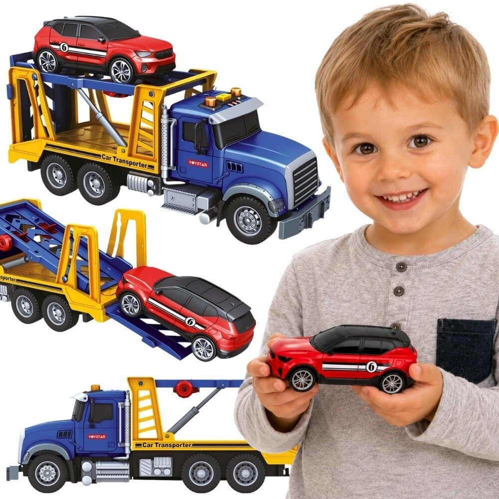 WOOPIE automobilių transporteris vilkikas su automobiliu, šviesomis ir garsu, mastelis 1:14 WOOPIE automobilių transporteris vilkikas su automobiliu, šviesomis ir garsu, mastelis 1:14