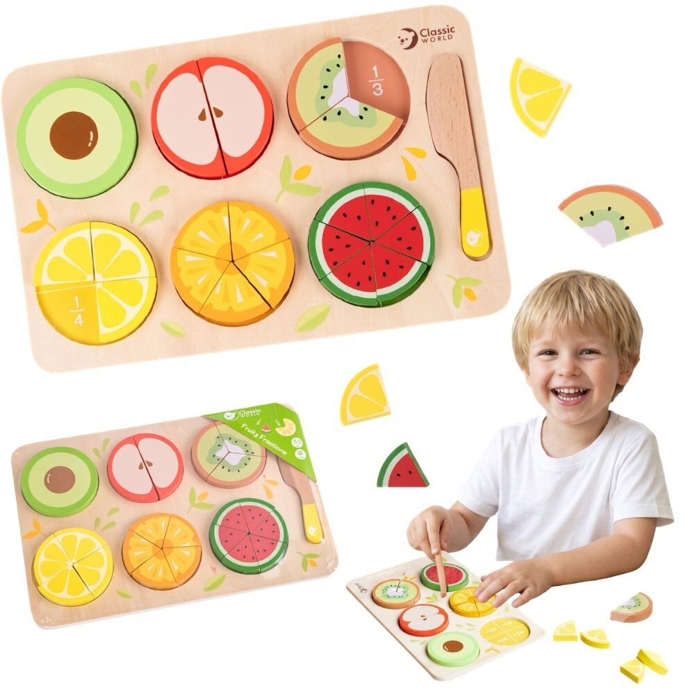 CLASSIC WORLD Mediniai pjaustomi vaisiai su lipukais + trupmenų ir dalybos mokymasis MONTESSORI 23 vnt. CLASSIC WORLD Mediniai pjaustomi vaisiai su lipukais + trupmenų ir dalybos mokymasis MONTESSORI 23 vnt.