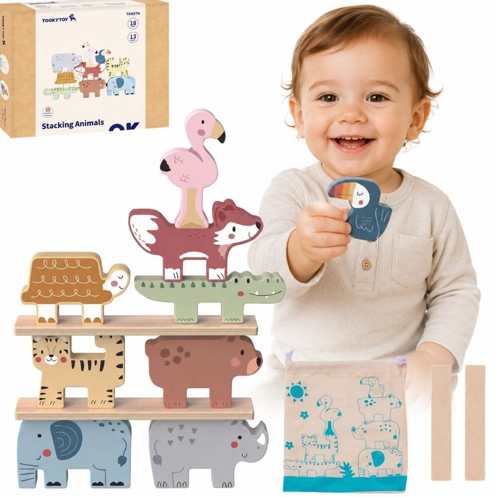 TOOKY TOY medinės kaladėlės dėlionė bokštui statyti, gyvūnų bokšto krovimas, Montessori, 13 vnt. TOOKY TOY medinės kaladėlės dėlionė bokštui statyti, gyvūnų bokšto krovimas, Montessori, 13 vnt.