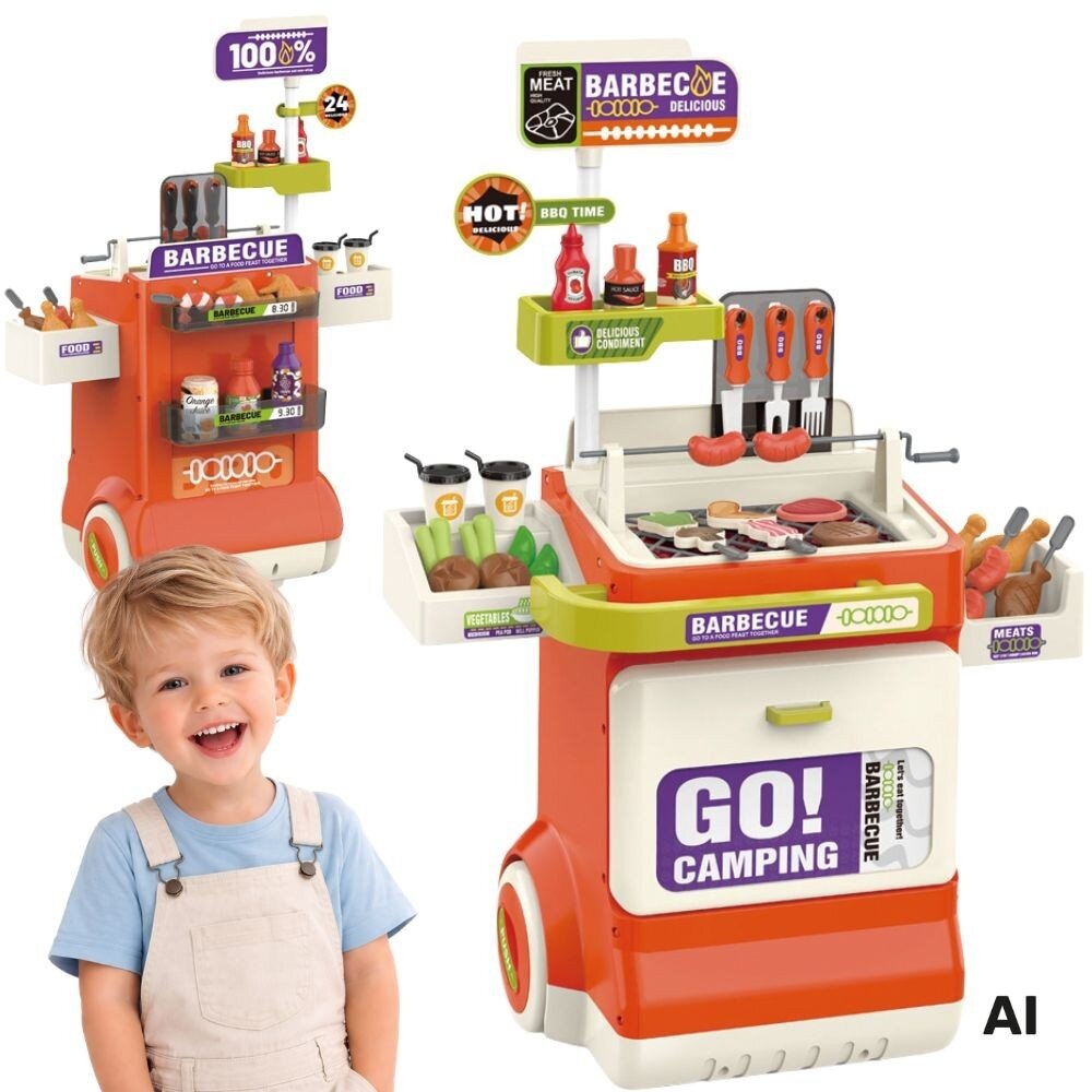 WOOPIE interaktyvus BBQ grilinimo vežimėlis 51 dalių kepsninės stovas su tikroviškais grilinimo efektais WOOPIE interaktyvus BBQ grilinimo vežimėlis 51 dalių kepsninės stovas su tikroviškais grilinimo efektais