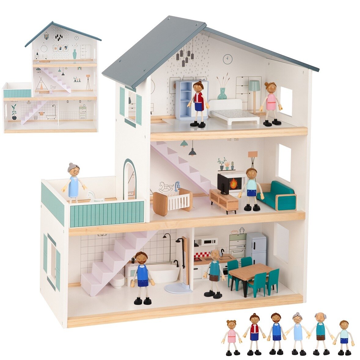 TOOKY TOY Didelis medinis lėlių namelis + FSC figūrėlės 13