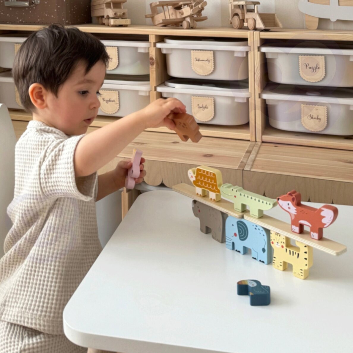 TOOKY TOY medinės kaladėlės dėlionė bokštui statyti, gyvūnų bokšto krovimas, Montessori, 13 vnt. 1
