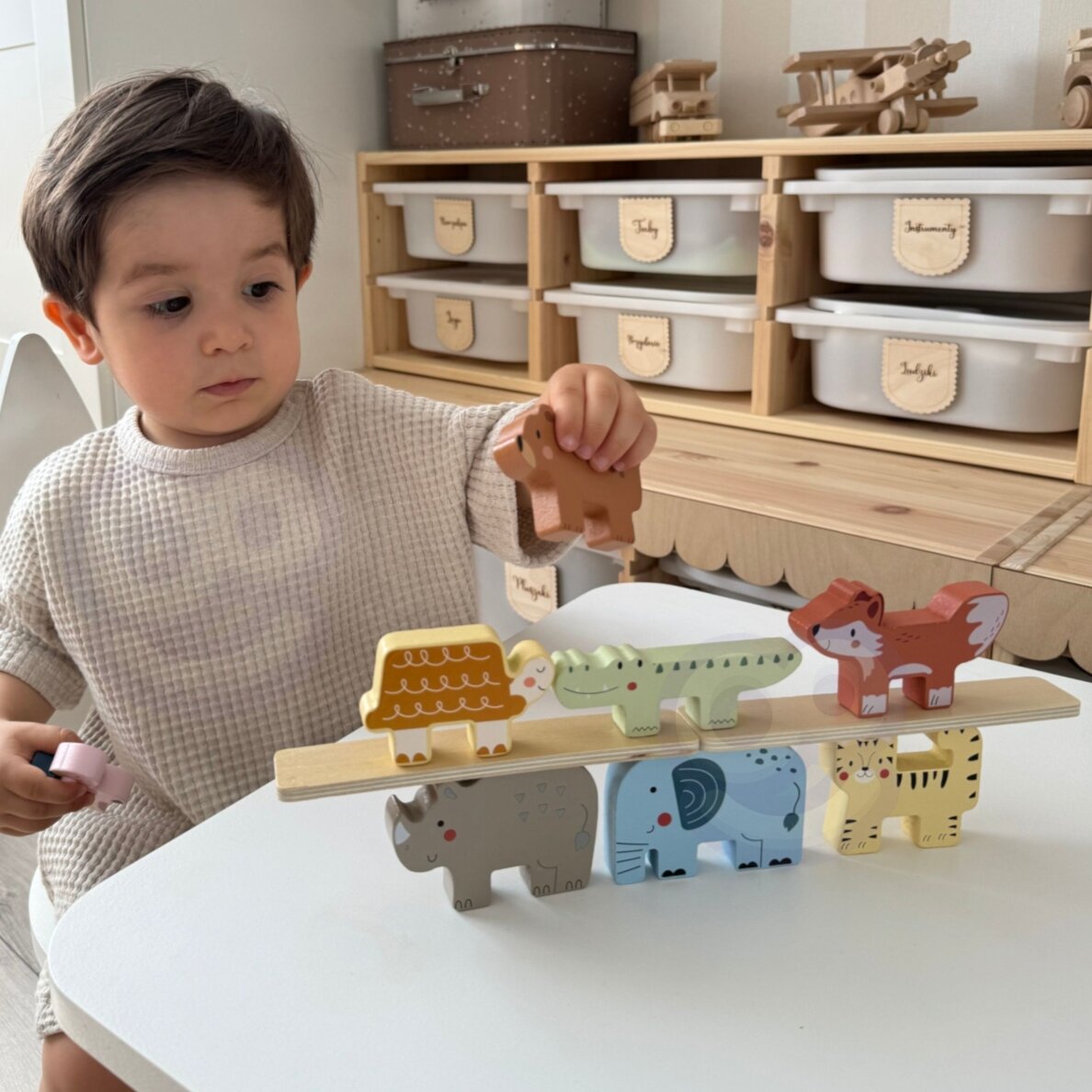 TOOKY TOY medinės kaladėlės dėlionė bokštui statyti, gyvūnų bokšto krovimas, Montessori, 13 vnt. 2
