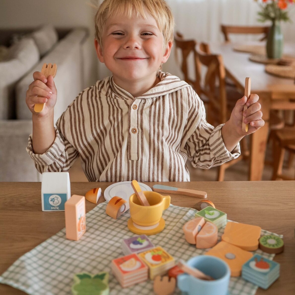 TOOKY TOY pikniko rinkinys maisto pjaustymui su „Velcro“ pusryčių rinkiniu 3