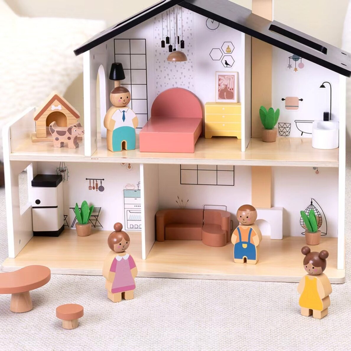 TOOKY TOY medinis lėlių namelis su priedais ir šeima 20 vnt. 3 TOOKY TOY medinis lėlių namelis su priedais ir šeima 20 vnt. 3