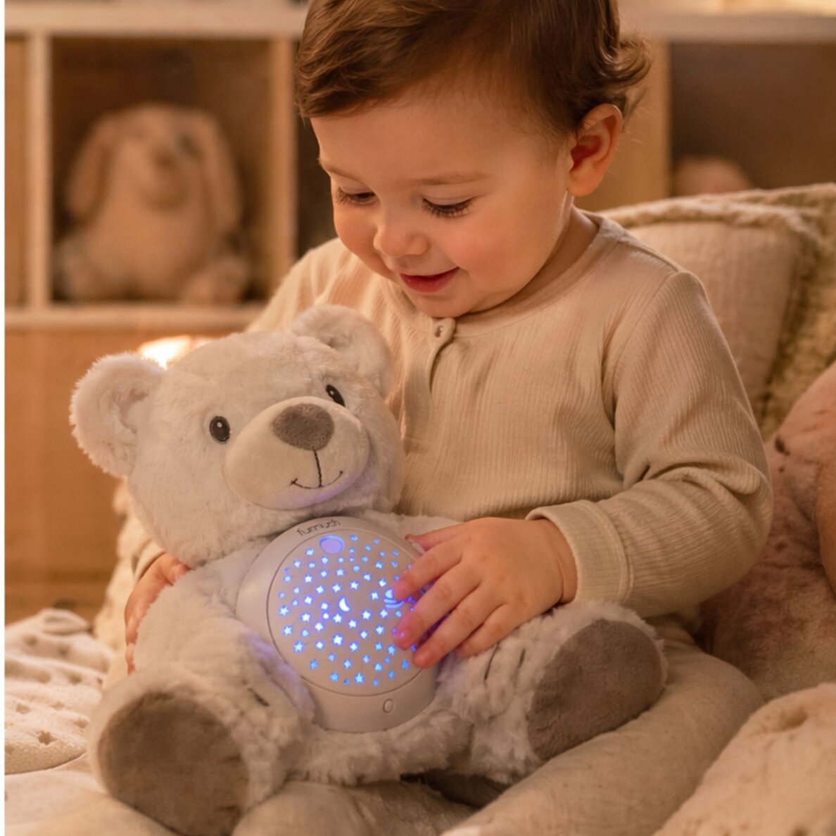 WOOPIE BABY pliušinis miegui skirtas meškiukas su projektoriumi 1