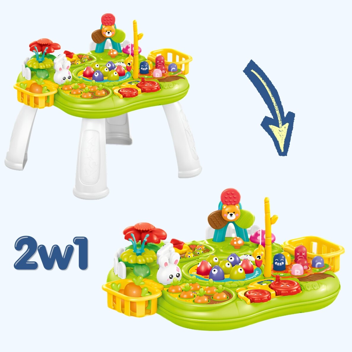 WOOPIE BABY Interaktyvus edukacinis staliukas 2 in 1 žaidimas Žvejyba Plaktukas Rūšiuoklis Garsas Šviesa 2