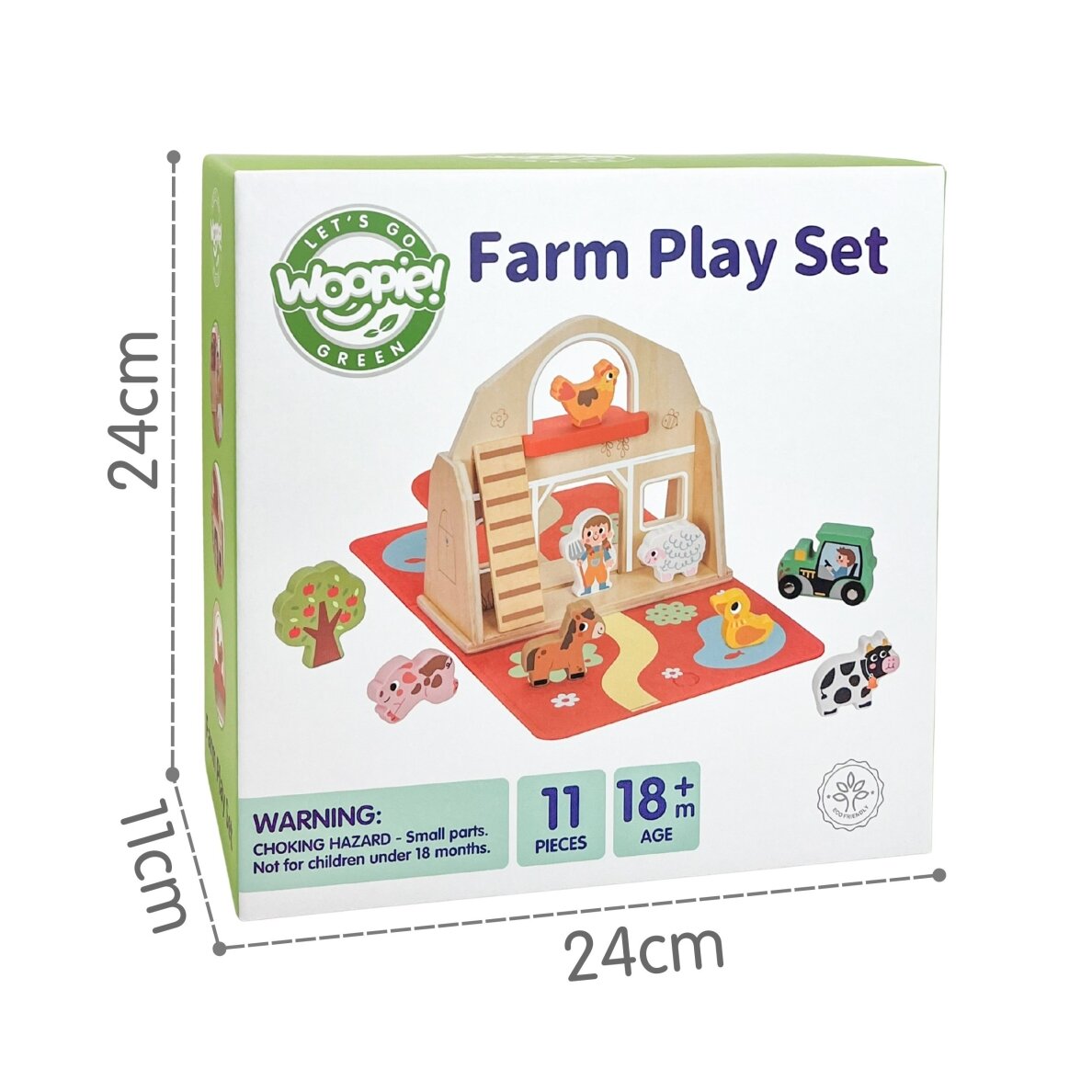 WOOPIE GREEN Medinė sulankstoma ferma lagamine su gyvūnais 11 vnt. 11