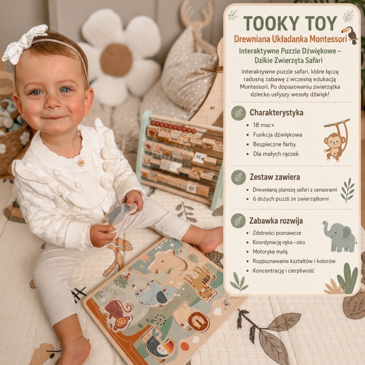 TOOKY TOY medinė dėlionė Montessori interaktyvi garsinė dėlionė laukiniai gyvūnai safari 1 TOOKY TOY medinė dėlionė Montessori interaktyvi garsinė dėlionė laukiniai gyvūnai safari 1