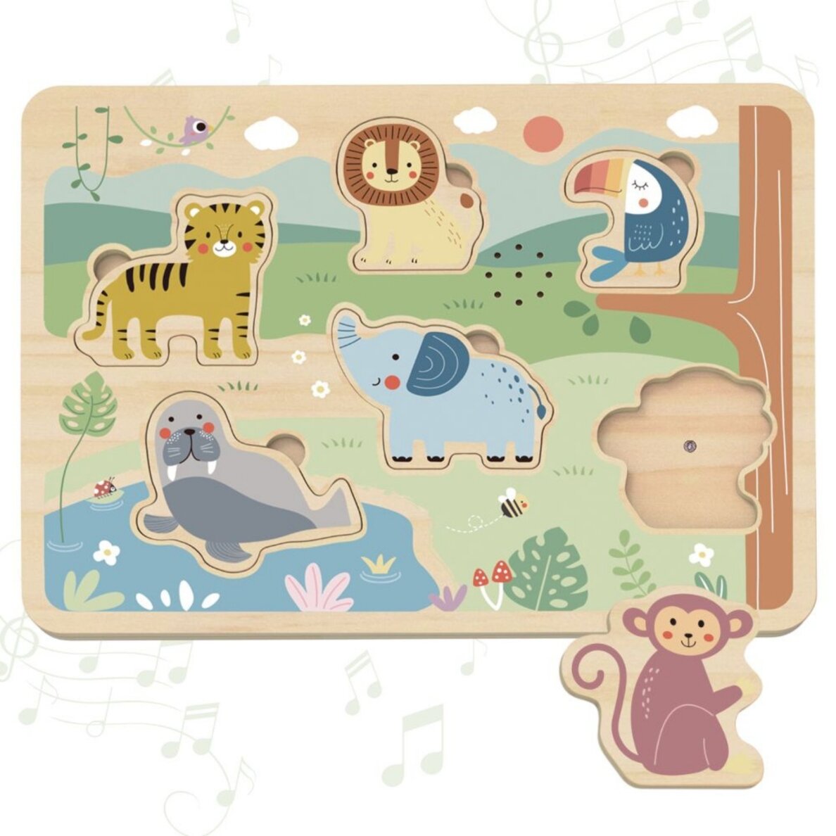 TOOKY TOY medinė dėlionė Montessori interaktyvi garsinė dėlionė laukiniai gyvūnai safari 5