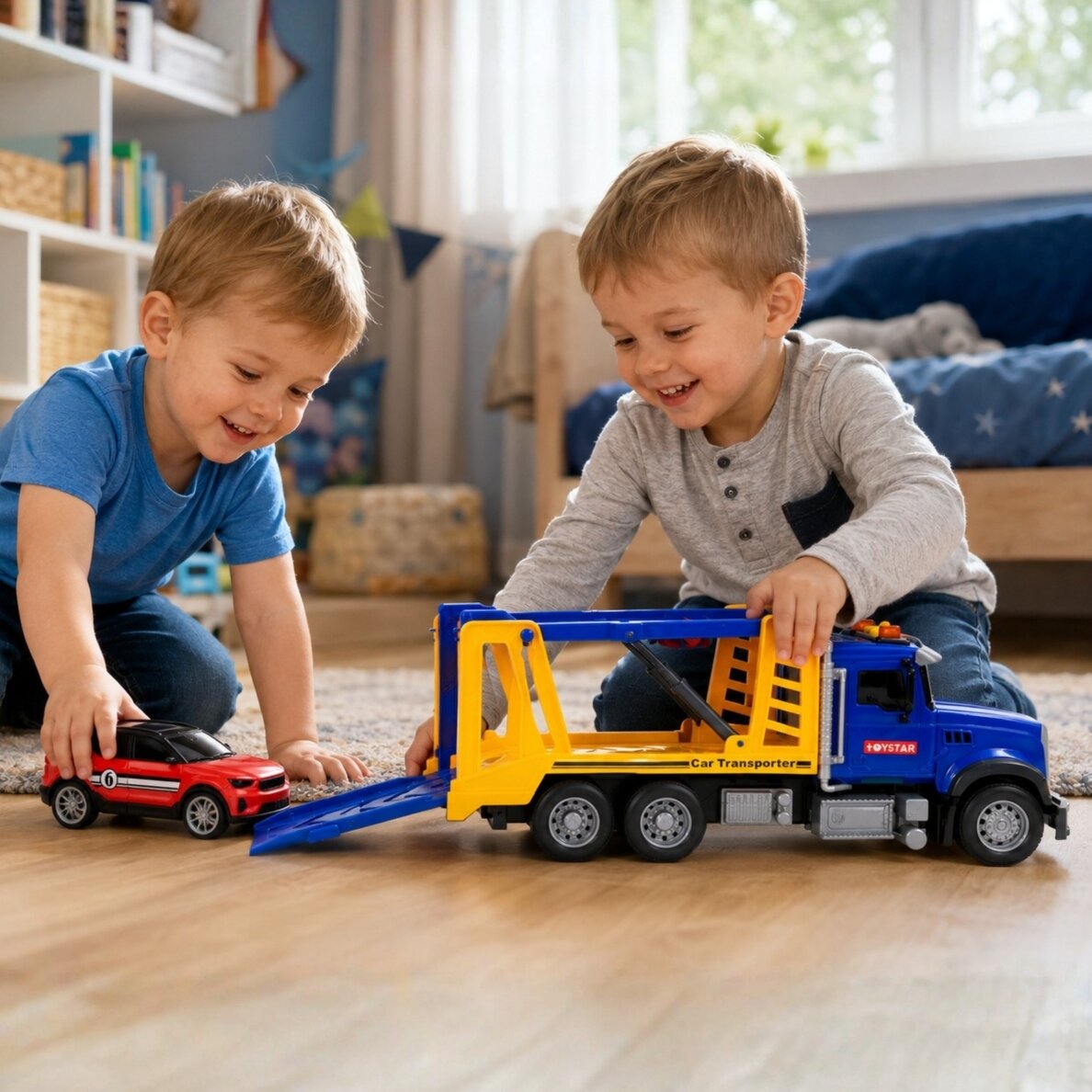 WOOPIE automobilių transporteris vilkikas su automobiliu, šviesomis ir garsu, mastelis 1:14 1