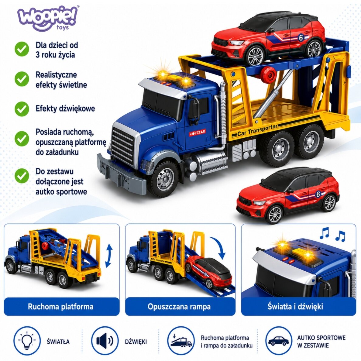 WOOPIE automobilių transporteris vilkikas su automobiliu, šviesomis ir garsu, mastelis 1:14 2 WOOPIE automobilių transporteris vilkikas su automobiliu, šviesomis ir garsu, mastelis 1:14 2