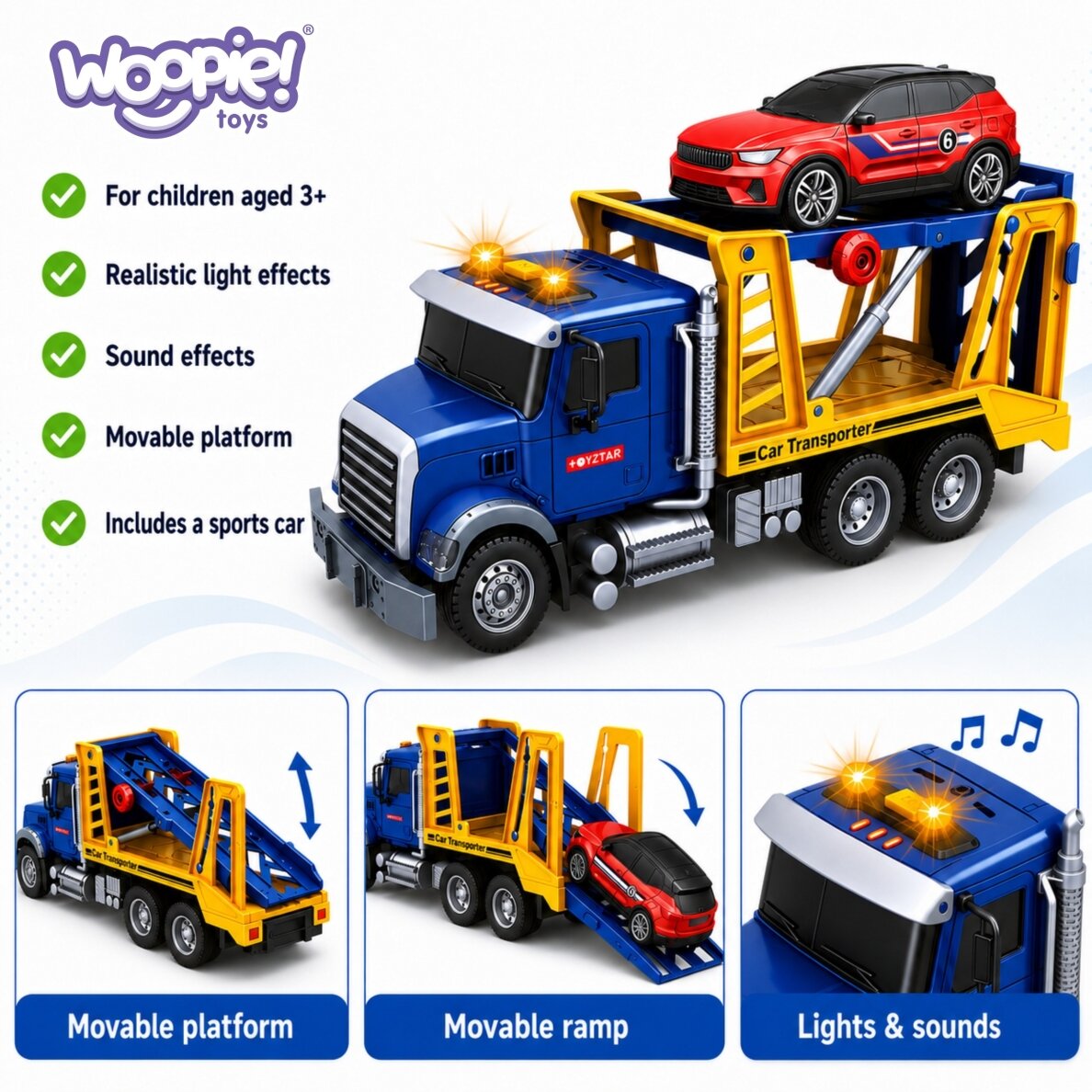 WOOPIE automobilių transporteris vilkikas su automobiliu, šviesomis ir garsu, mastelis 1:14 3