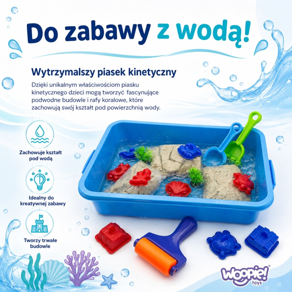 WOOPIE kinetinis smėlis „Magic for Water“ 18 dalių rinkinys su lagaminėliu 9