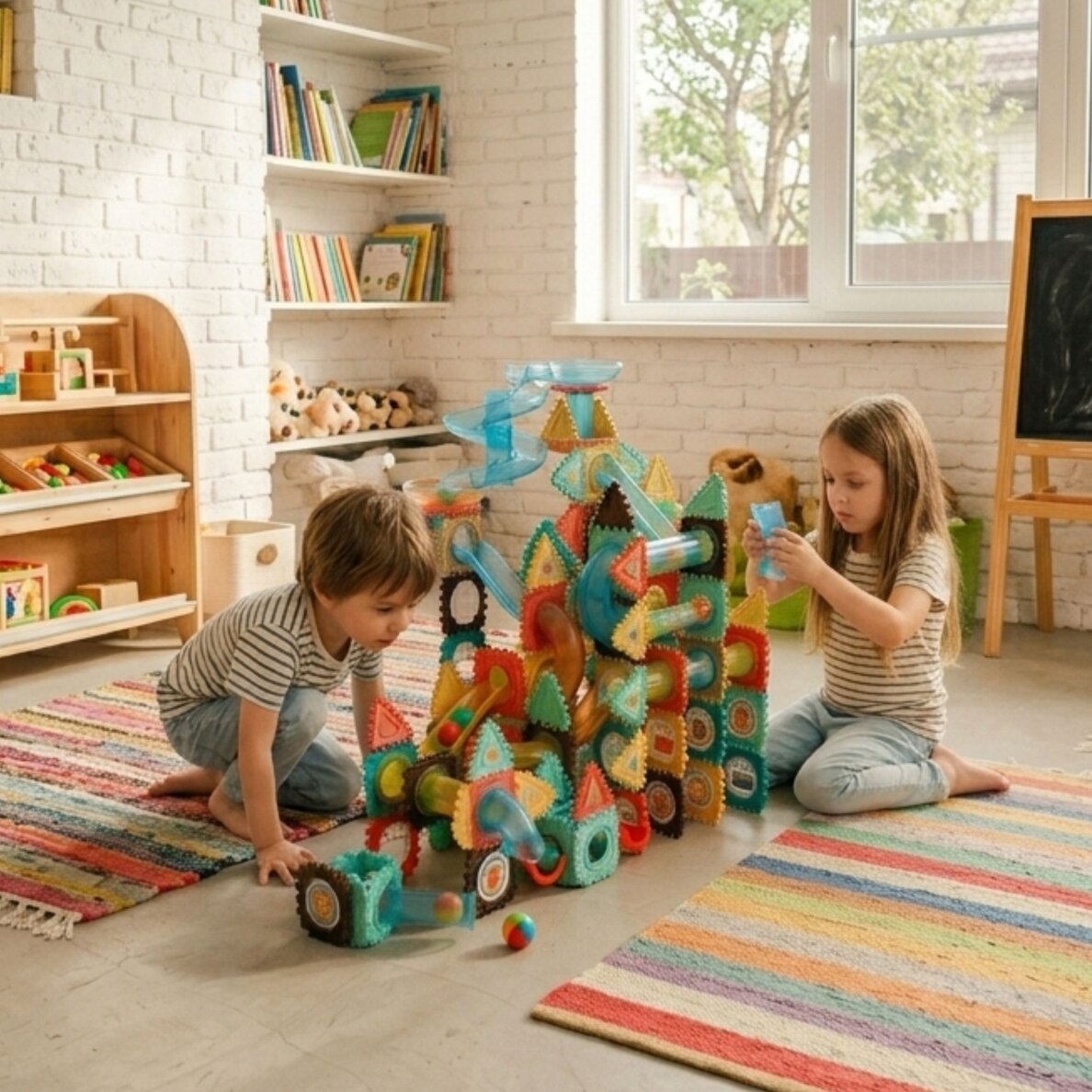 WOOPIE 3D konstravimo kaladėlių edukacinis rinkinys su kamuoliukų trasa 228 vnt. 1