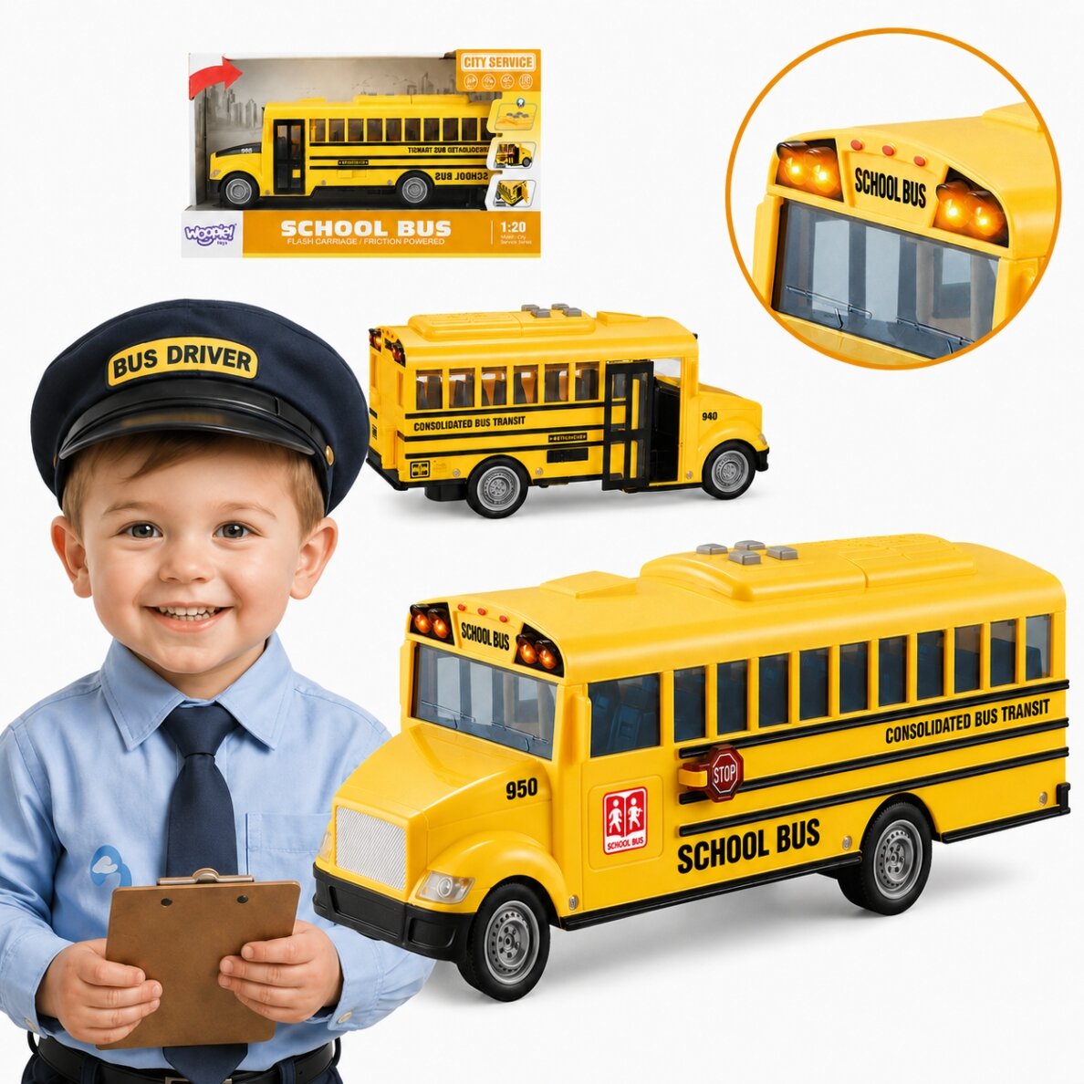 WOOPIE interaktyvus elektrinis mokyklinis autobusas 1:20 su šviesa ir garsu dovanai