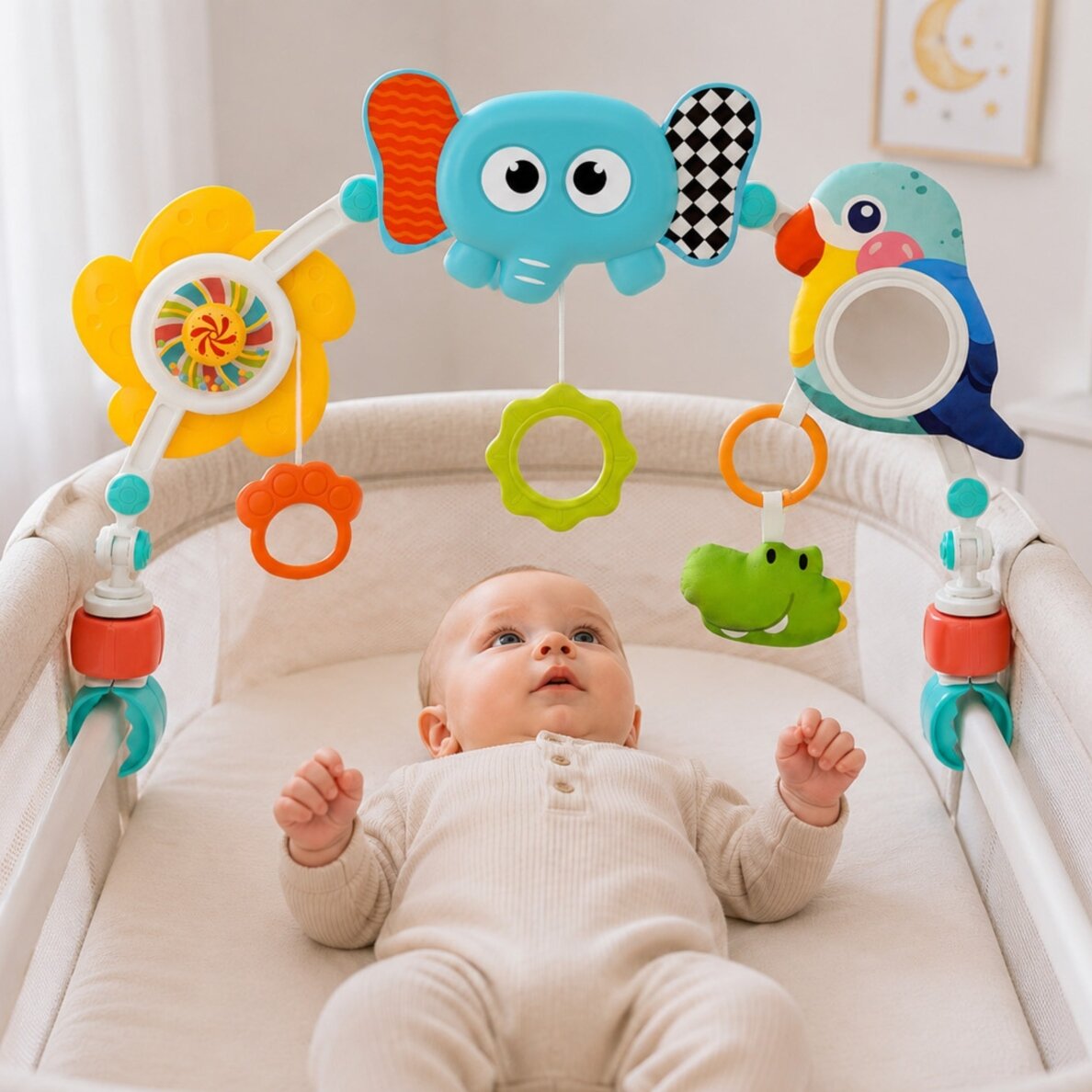 WOOPIE BABY sensorinis lankas su žaisliukais lovytei ir vežimėliui Drambliukas Papūga 1 WOOPIE BABY sensorinis lankas su žaisliukais lovytei ir vežimėliui Drambliukas Papūga 1