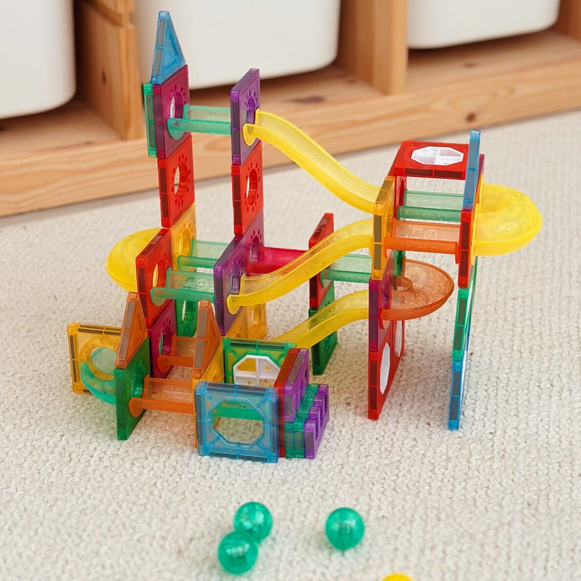 WOOPIE magnetiniai konstrukciniai blokai 3D edukacinis rinkinys kamuoliukų trasai 105 vnt. 10