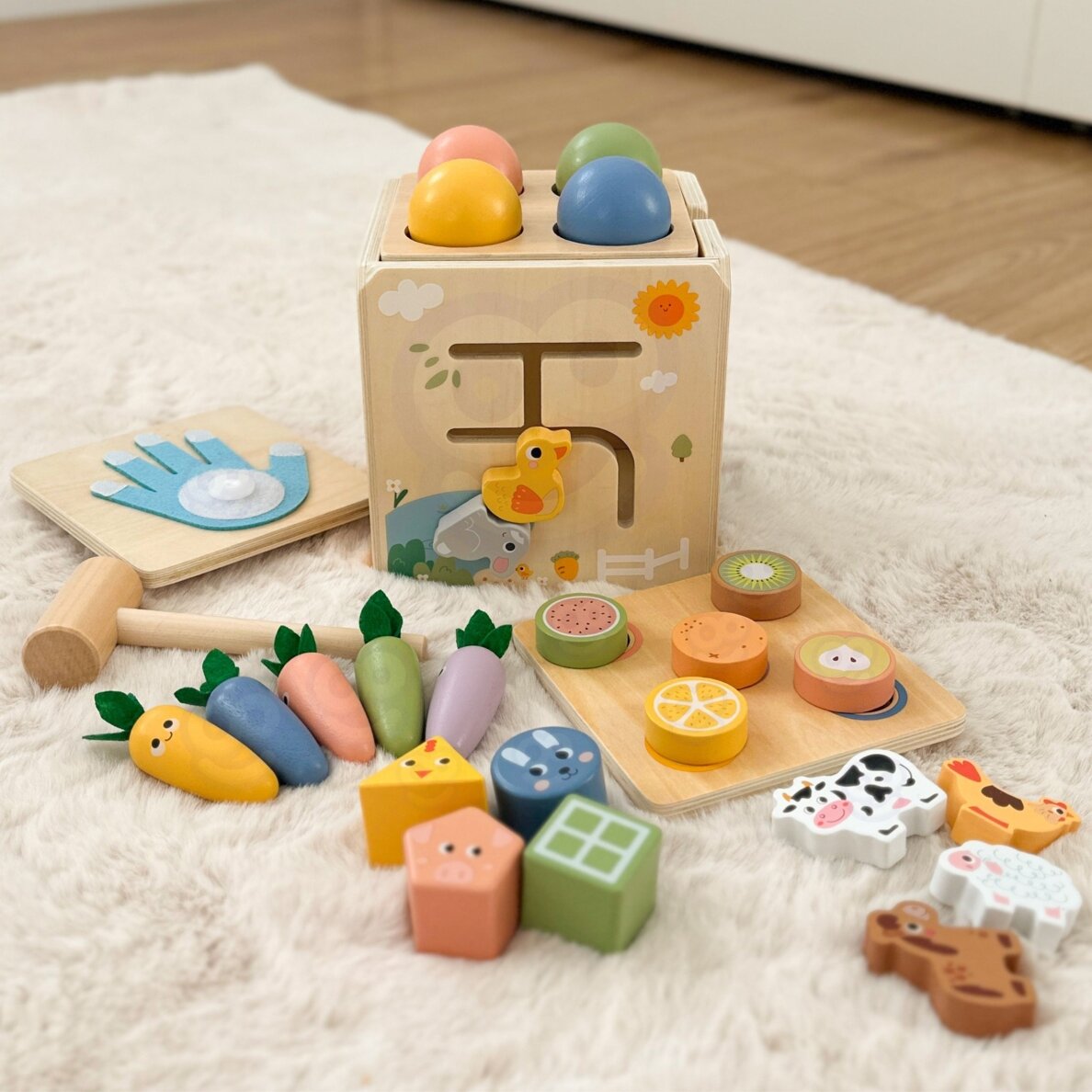 TOOKY TOY medinė edukacinė kubo formos dėlionė su spyruokle 5-in-1 2