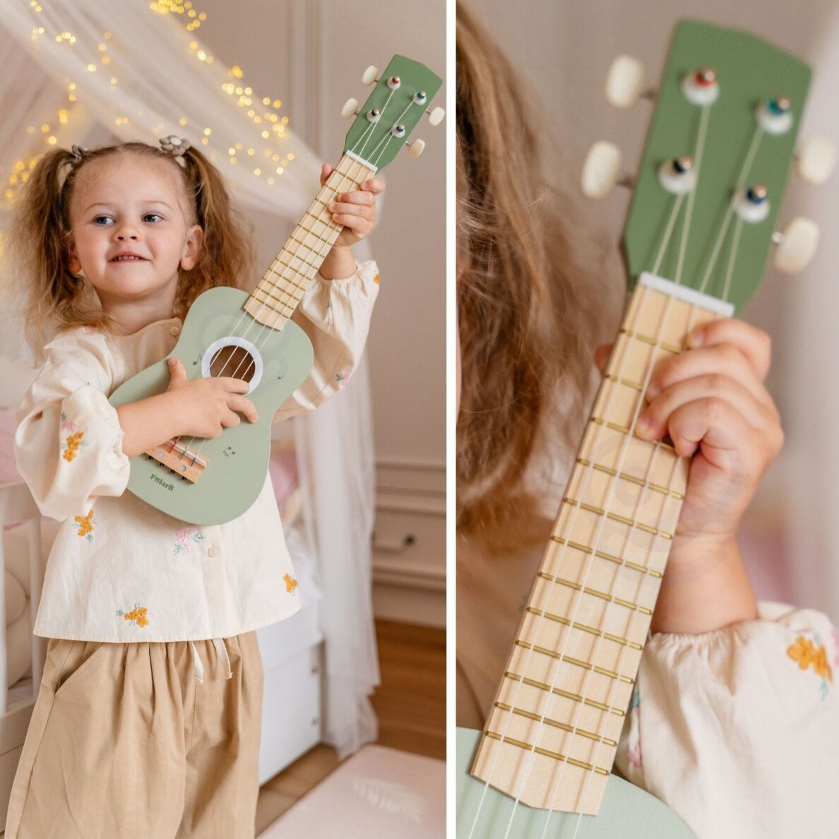 Viga medinė ukulelė vaikams, žalia su natomis 3 Viga medinė ukulelė vaikams, žalia su natomis 3