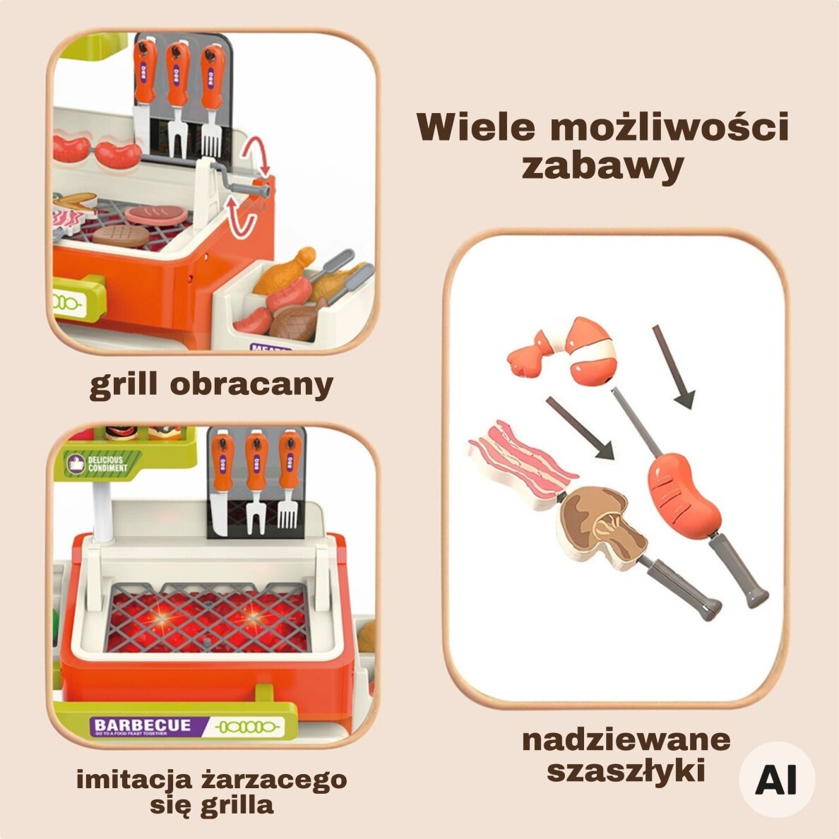 WOOPIE interaktyvus BBQ grilinimo vežimėlis 51 dalių kepsninės stovas su tikroviškais grilinimo efektais 2