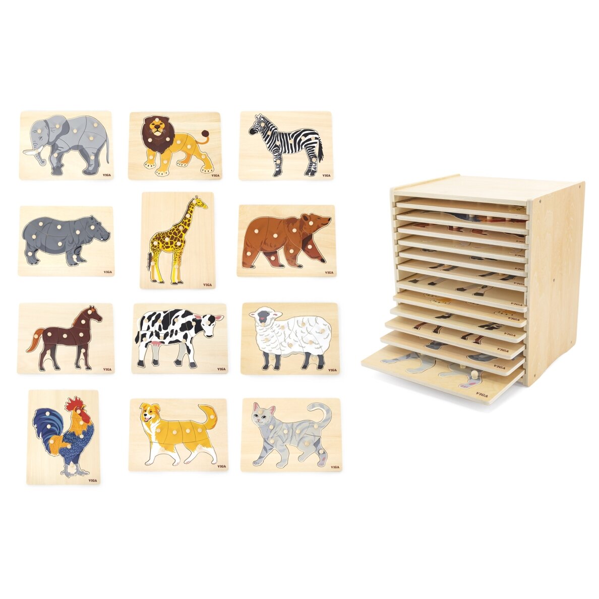 VIGA medinė dėlionių rinkinys 12 Montessori gyvūnų dėlionių + stovas 2