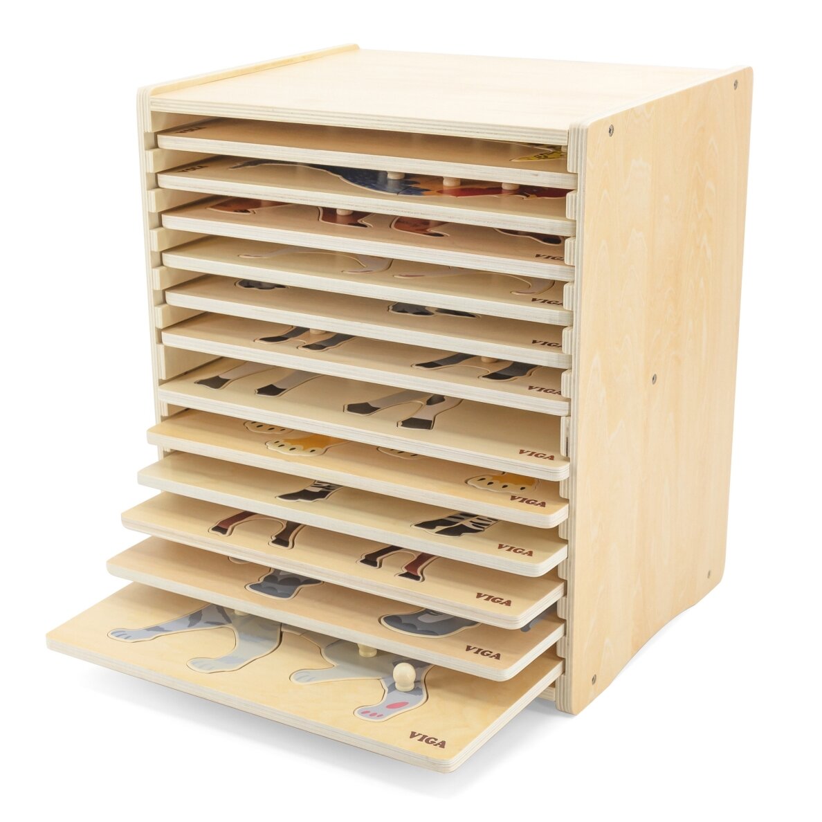 VIGA medinė dėlionių rinkinys 12 Montessori gyvūnų dėlionių + stovas 3