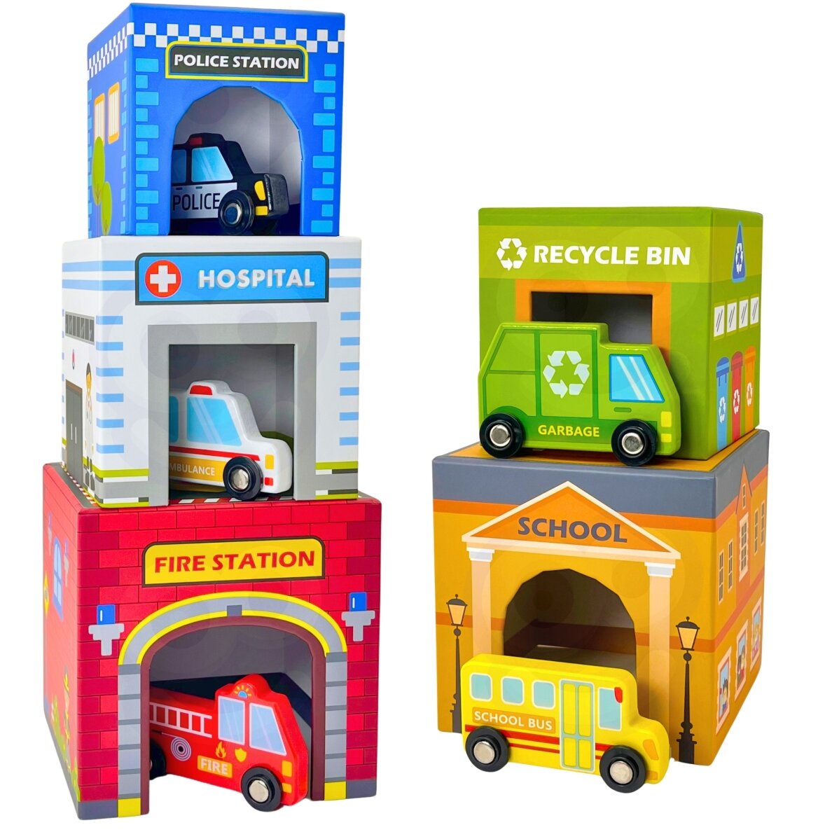 WOOPIE GREEN Dėlionės kubeliai Miesto transporto priemonės dėžutėse + figūrėlės 10 vnt. 10