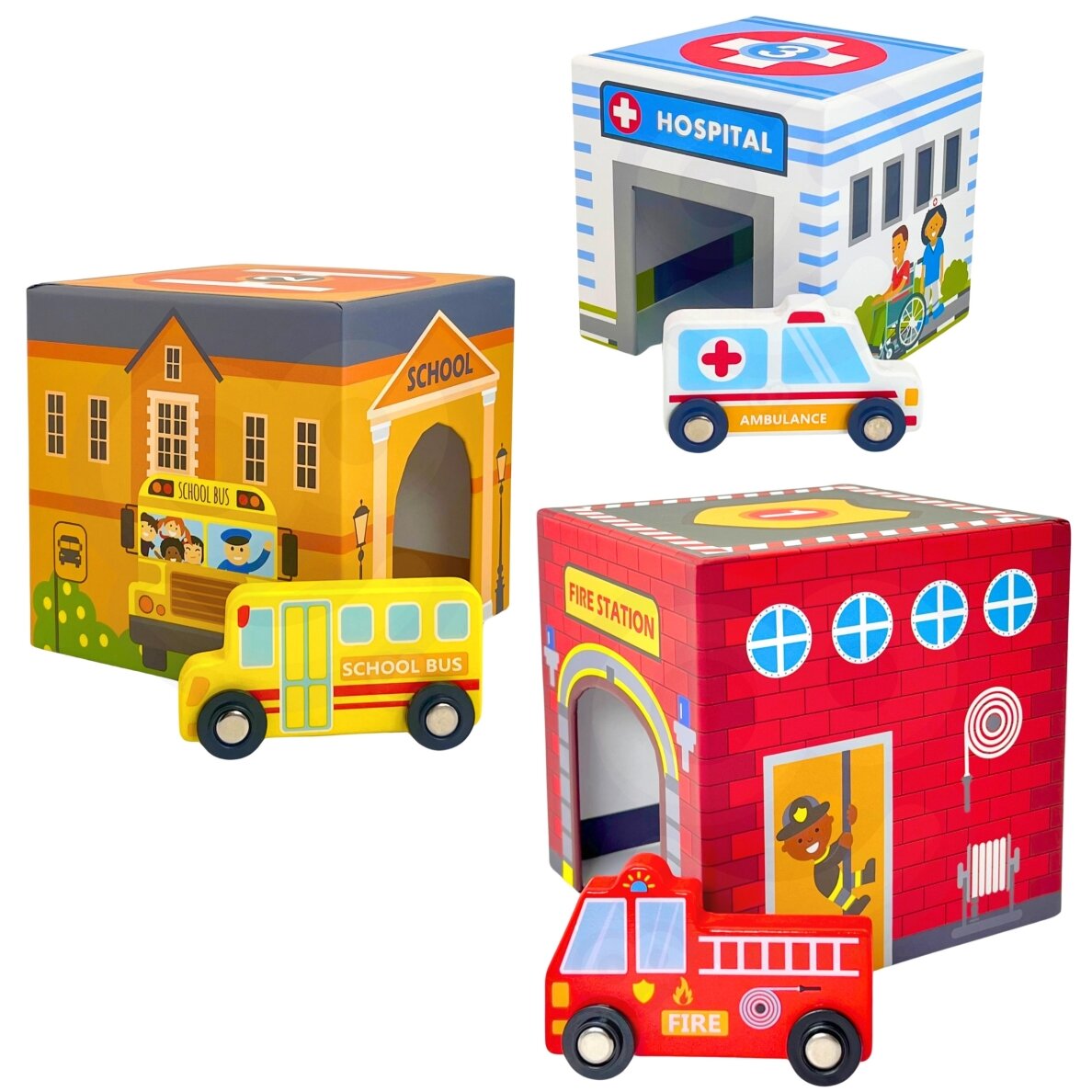 WOOPIE GREEN Dėlionės kubeliai Miesto transporto priemonės dėžutėse + figūrėlės 10 vnt. 11