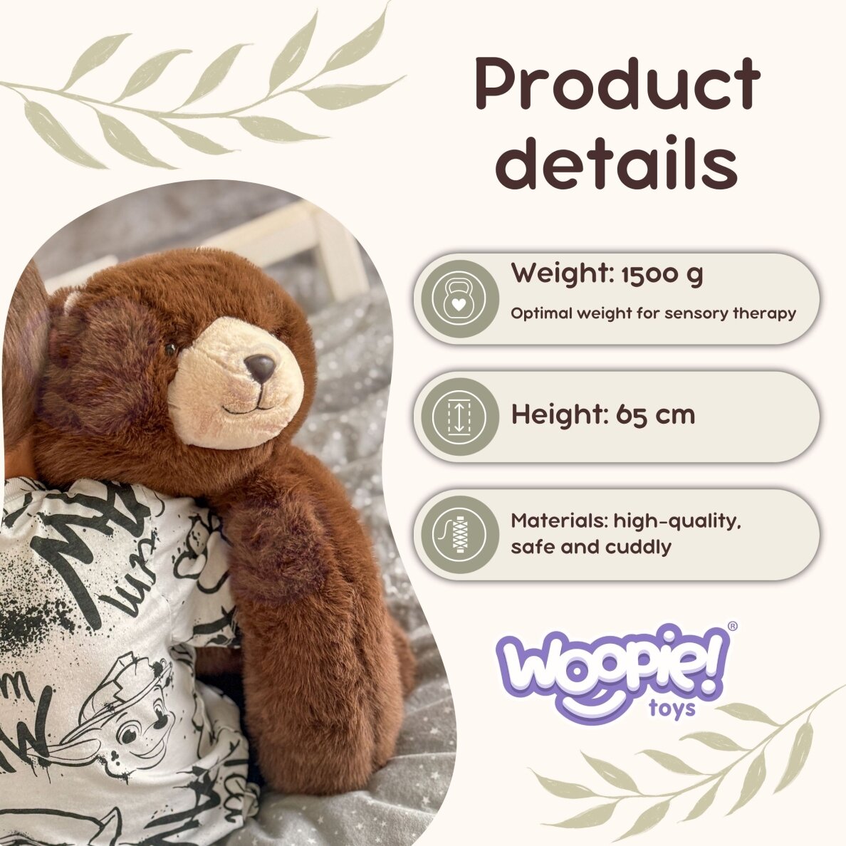 WOOPIE sveriamas pliušinis žaislas meškiukas Teddy Bruno antistresinis sensorinis sunkus meškinas, minkštas žaislas 65cm 1500g 6