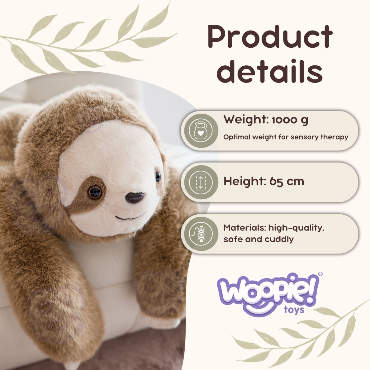 WOOPIE tinginio sensorinis sveriamas pliušinis žaislas 1 kg 8 WOOPIE tinginio sensorinis sveriamas pliušinis žaislas 1 kg 8