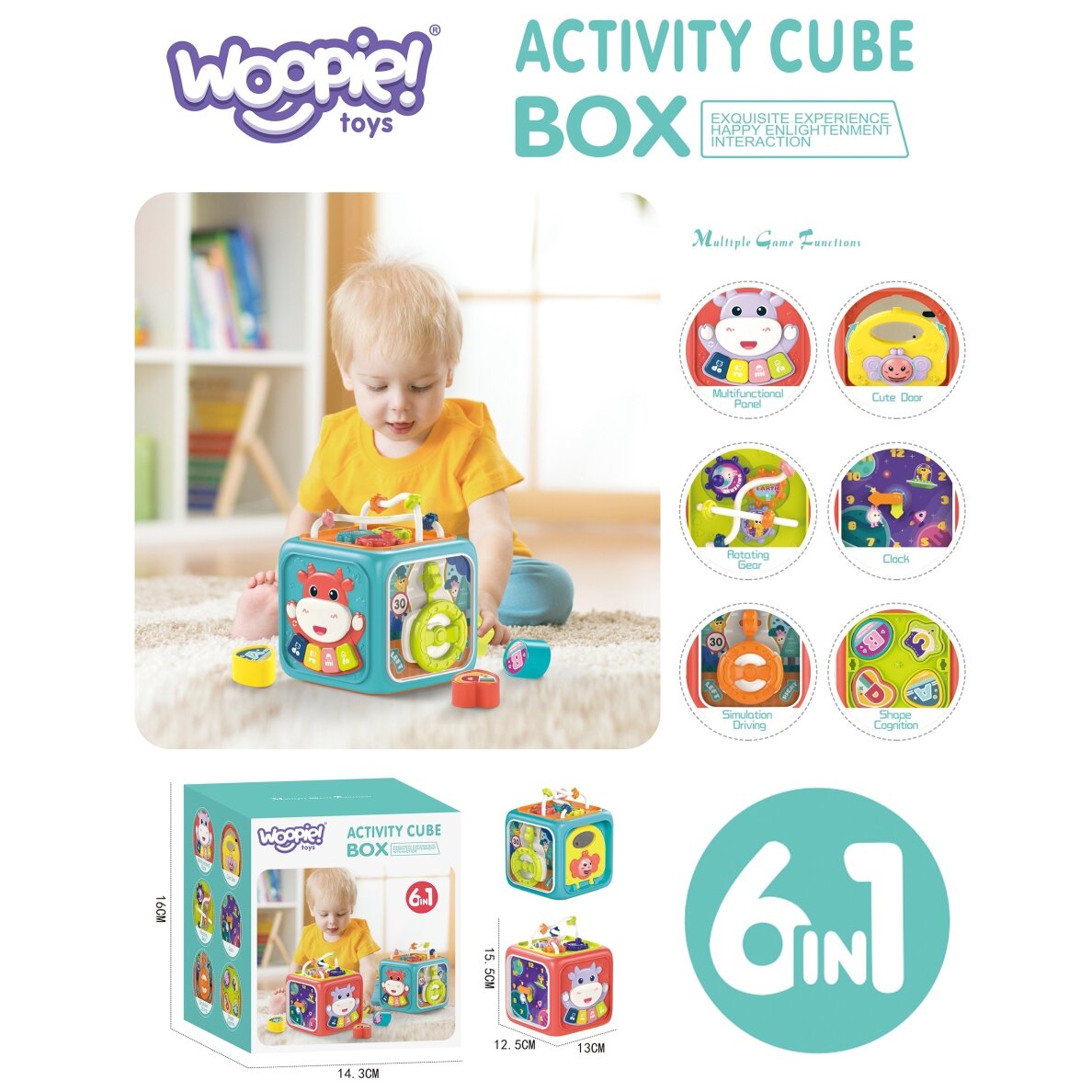 WOOPIE BABY Interaktyvus sensorinis kubas edukacinis Montessori rūšiuotuvas 6-in-1 8