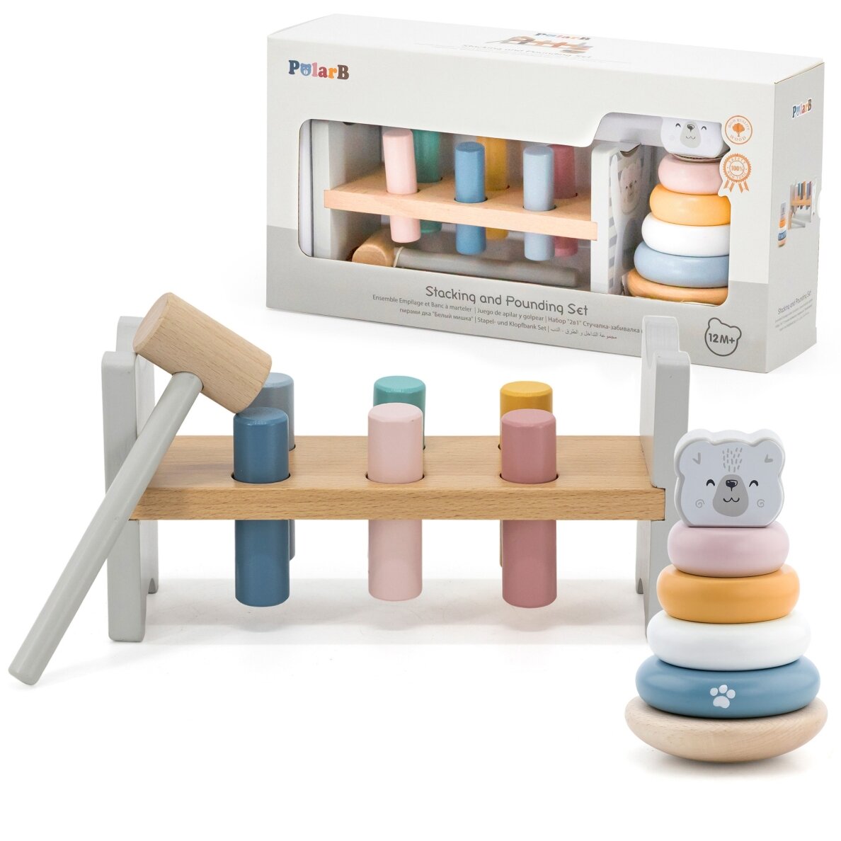 VIGA PolarB rinkinys: medinė piramidė + poliarinis lokys su plaktuku ir kalamu žaidimu Montessori