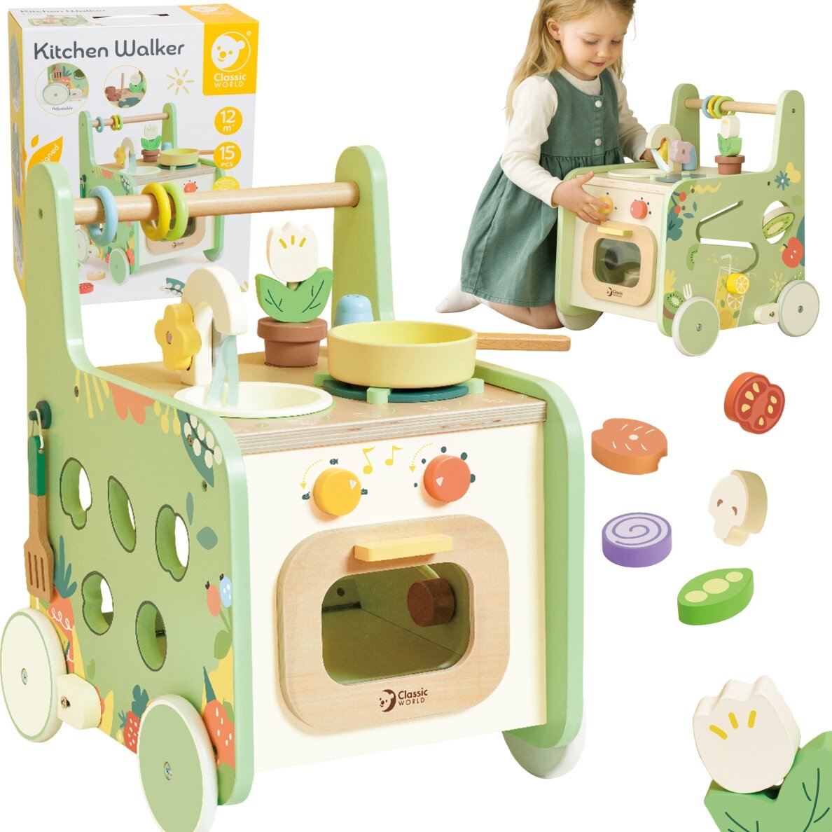 CLASSIC WORLD Medinė virtuvėlė-stumdukas 2 viename su nuimamais ratukais CLASSIC WORLD Medinė virtuvėlė-stumdukas 2 viename su nuimamais ratukais