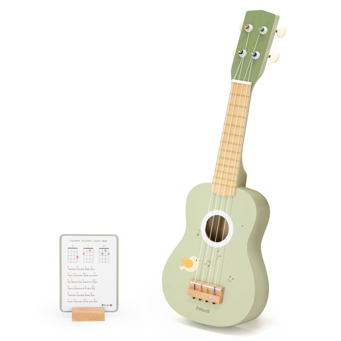 Viga medinė ukulelė vaikams, žalia su natomis 12