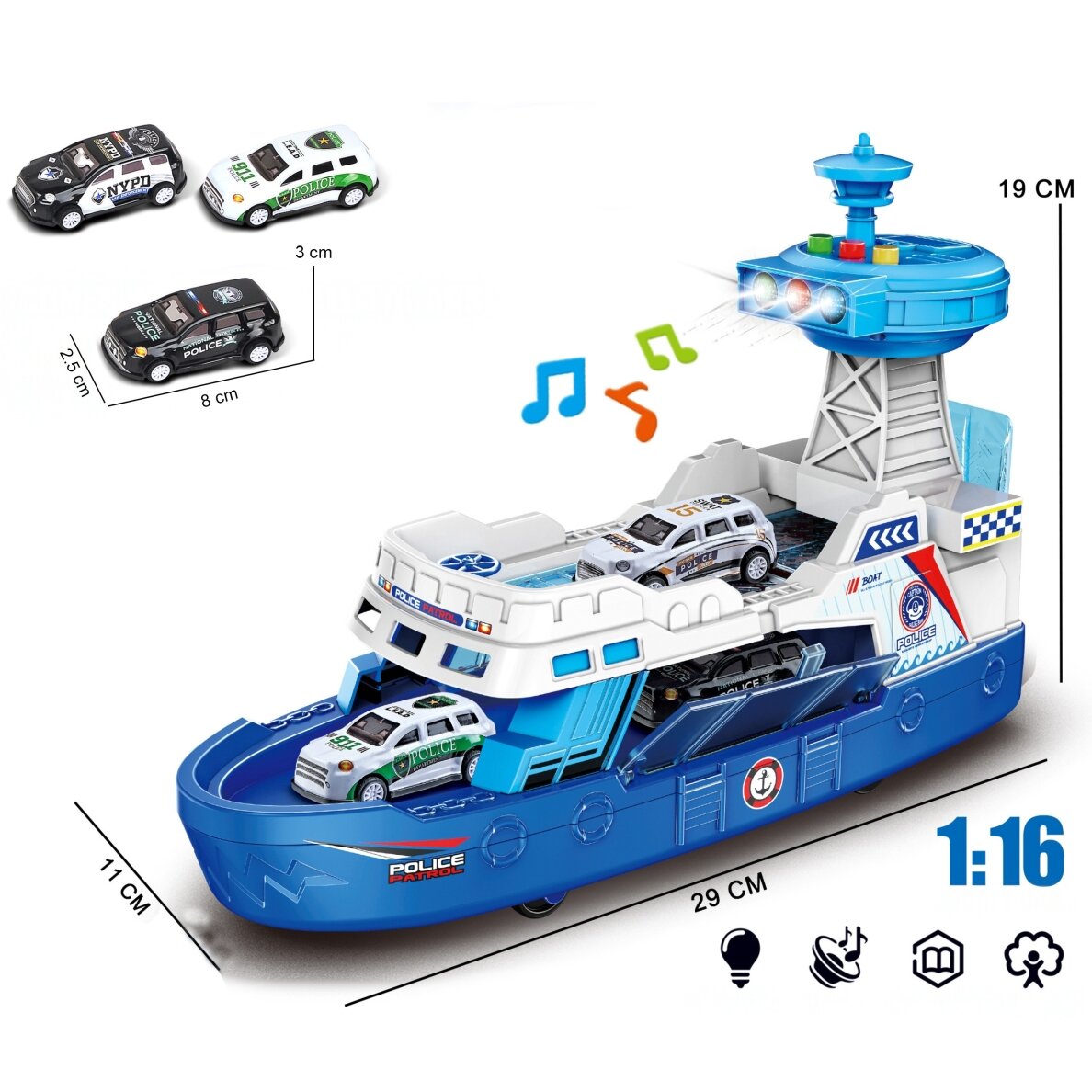 WOOPIE interaktyvus policijos patrulinis laivas – mastelis 1:16 + 3 automobiliai 6