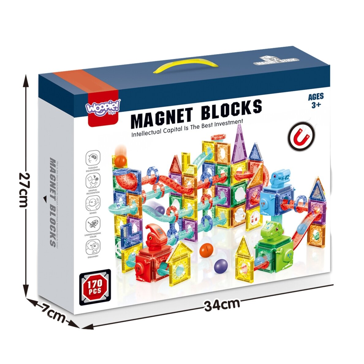 WOOPIE magnetiniai konstravimo blokeliai 3D edukacinis rinkinys kamuoliukų trasa 170 vnt. 8