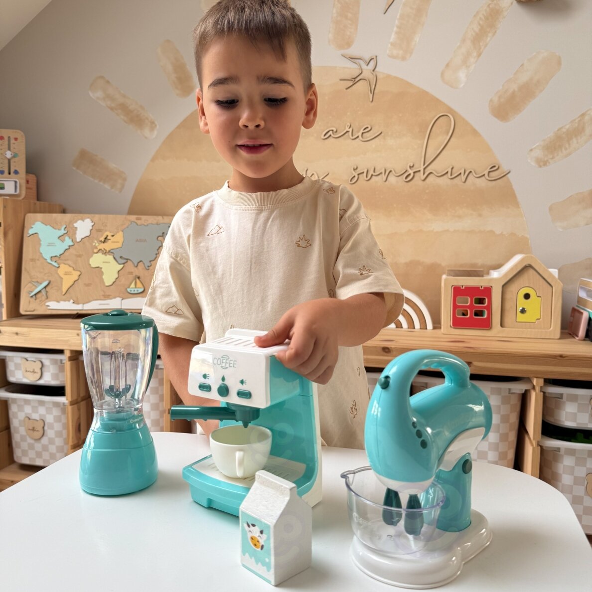 WOOPIE 3-in-1 buitinių prietaisų rinkinys: kavos aparatas, mikseris, trintuvas, garso ir šviesos efektai 1