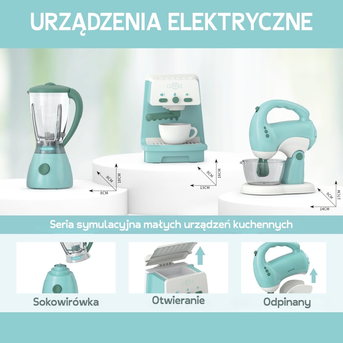 WOOPIE 3-in-1 buitinių prietaisų rinkinys: kavos aparatas, mikseris, trintuvas, garso ir šviesos efektai 6
