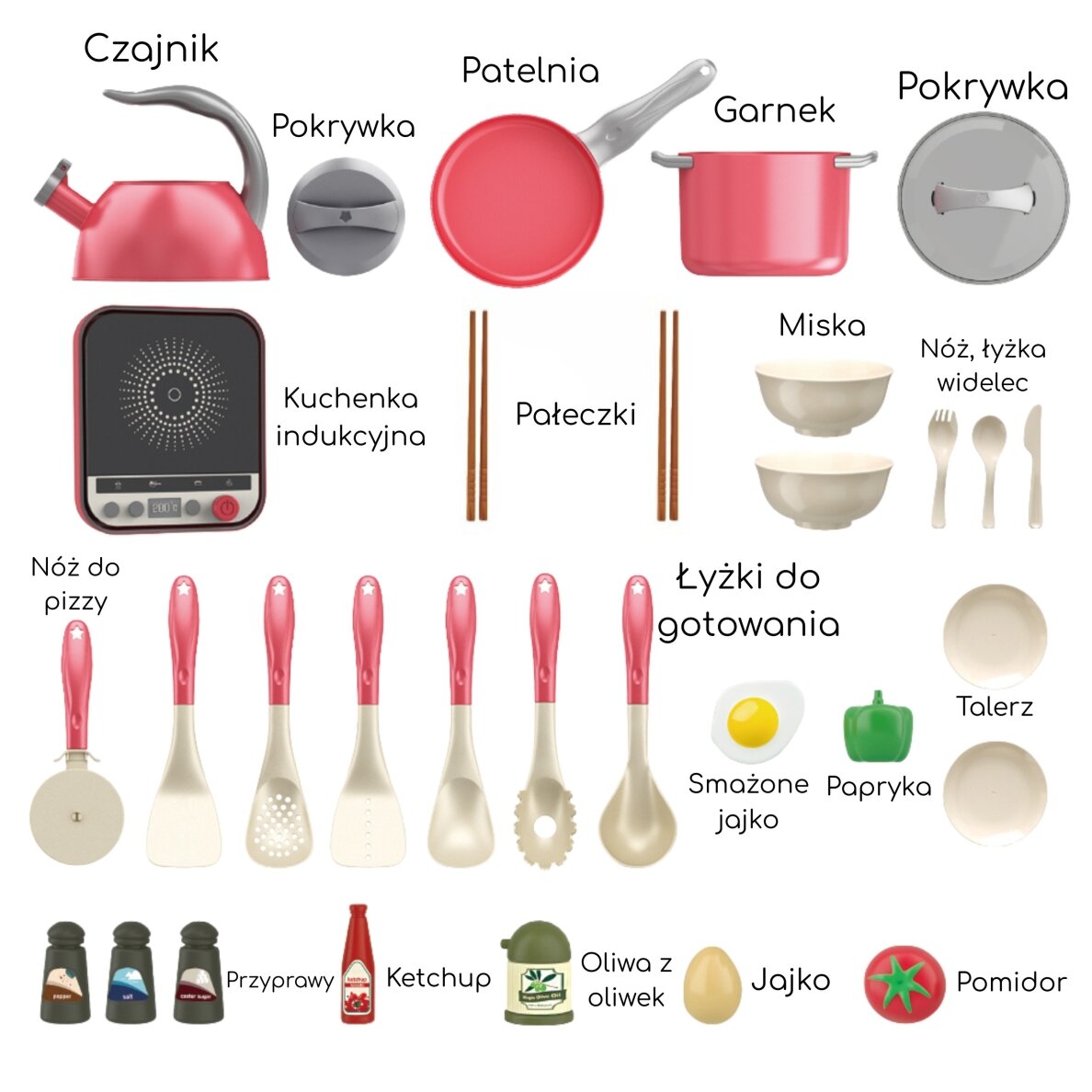 WOOPIE mažojo virėjo rinkinys: indukciniai puodai, keptuvė, virdulys, rožinis, 30 vnt. 6 WOOPIE mažojo virėjo rinkinys: indukciniai puodai, keptuvė, virdulys, rožinis, 30 vnt. 6