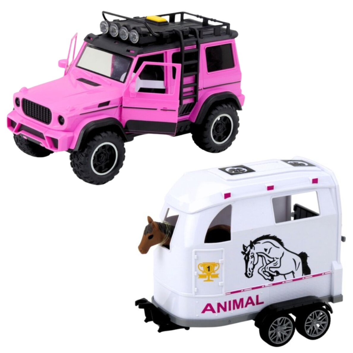 WOOPIE rožinis visureigis su priekaba ir arklio figūrėle (rinkinys) 5