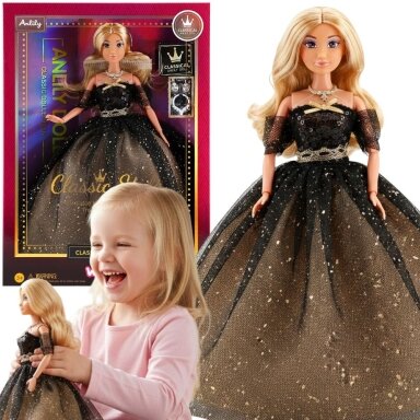 WOOPIE ROYAL Lily lėlė 30cm ilgais šviesiais plaukais juoda pokylių suknelė