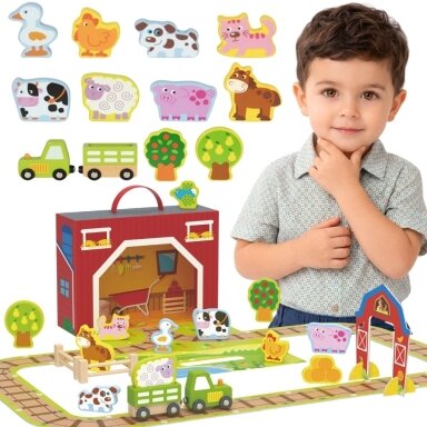 TOOKY TOY Medinis ūkis lagamine, figūrėlės ir transporto priemonės TOOKY TOY Medinis ūkis lagamine, figūrėlės ir transporto priemonės