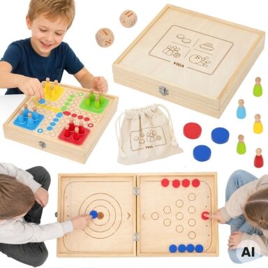 VIGA medinis 4-in-1 arkadinis žaidimų stalas: ledo ritulys, kerlingas, boulingas, Ludo VIGA medinis 4-in-1 arkadinis žaidimų stalas: ledo ritulys, kerlingas, boulingas, Ludo