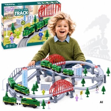 WOOPIE Modernus elektrinis traukinio bėgių rinkinys XXL krovininis lokomotyvas 128 vnt.