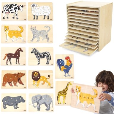 VIGA medinė dėlionių rinkinys 12 Montessori gyvūnų dėlionių + stovas