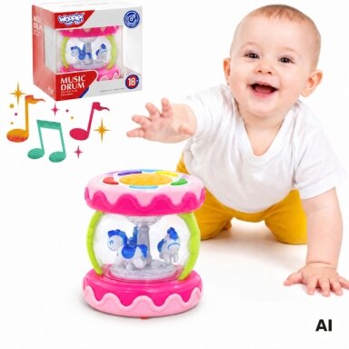 WOOPIE BABY Rožinis būgnelis su muzikine dėžute ir projektoriumi 3-in-1 muzikinis žaislas kūdikiams + volas mokymuisi ropoti