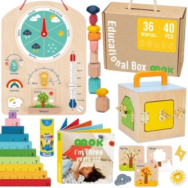 Tooky Toy edukacinė Montessori dėžutė – dėlionė, skaitliukai ir orų lenta 6 in 1, skirta vaikams nuo 3 metų