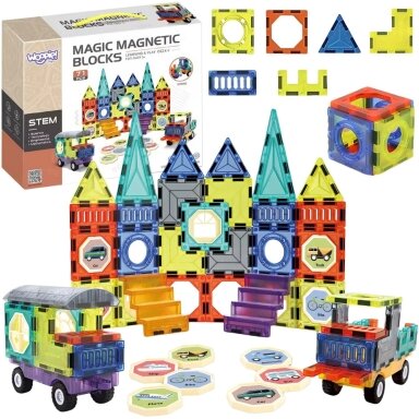 WOOPIE 3D magnetinių kaladėlių rinkinys Pilis ir transporto priemonės 71 vnt.